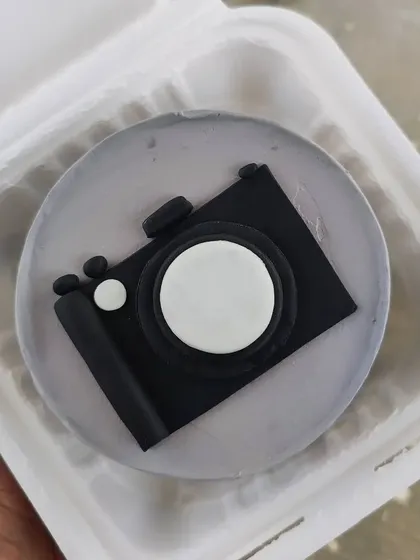 A bento cake for a photographer. This mini cake features a camera made from fondant, perfect for someone who loves capturing moments.