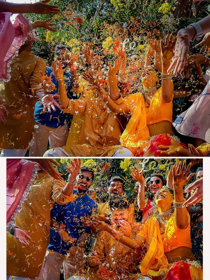 The pure joy of a Haldi celebration, with friends and family showering the couple with flower petals at their Goa wedding.