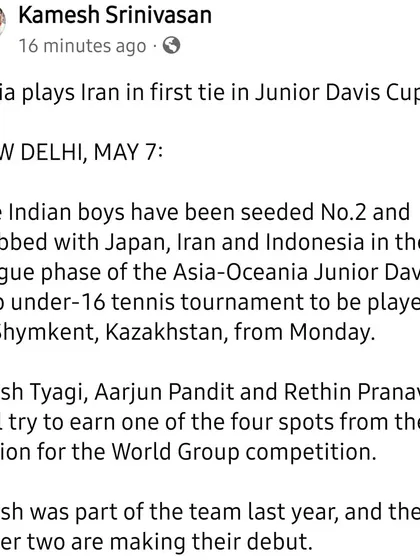 News report announcing India's draw in the Junior Davis Cup, with Aarjun named as a debutant member of the team.
