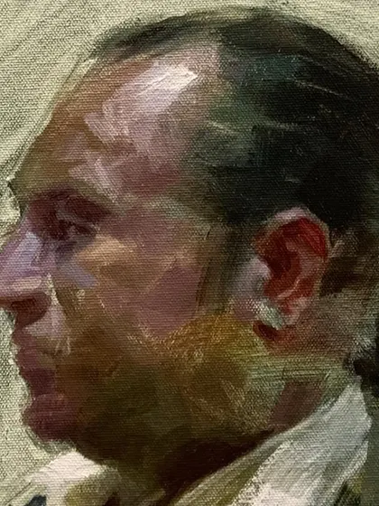 A detail of the oil demonstration portrait, focusing on the structure of the head and the profile.