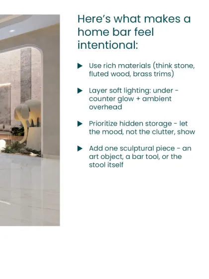 Here are our tips for an intentional home bar: use rich materials like stone and wood, layer soft lighting, prioritize hidden storage, and add a sculptural piece to anchor the space.