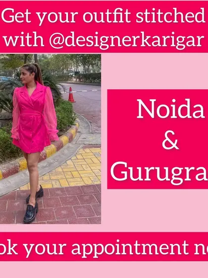 A client looking sharp in a custom-stitched hot pink blazer dress. We offer doorstep stitching for modern western wear in Noida and Gurugram.