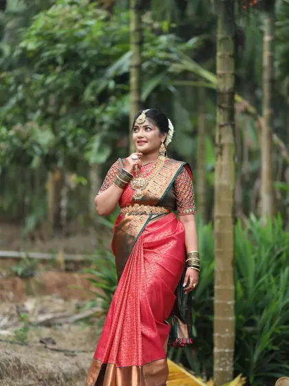 Different poses of a bridesmaid wearing a full antique temple jewellery set, showing how my pieces are perfect for the entire bridal party.