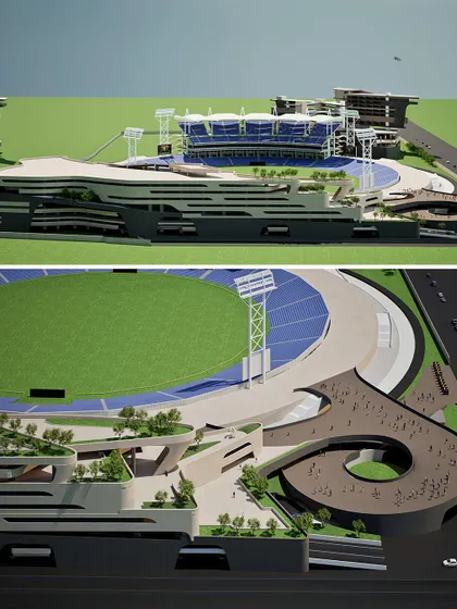 Renders of the terraced parking structure, showing its sculptural form and integration with the stadium entrance.