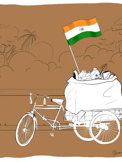 A simple yet poignant digital illustration for 'Har Ghar Tiranga', showing the Indian flag flying proudly from a waste collector's cycle.