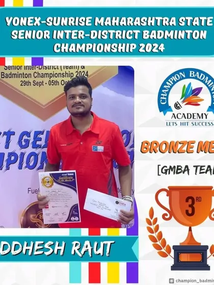 A graphic celebrating the bronze medal win of our Head Coach, Siddhesh Raut, as part of the GMBA Team at the Yonex-Sunrise Maharashtra State Senior Inter-District Championship.
