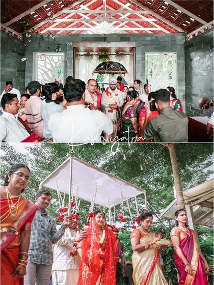 A collage showing the groom's Kashi Yatra and the bride's entrance, two important and parallel moments in a South Indian wedding.