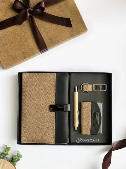 A classy corporate gift set featuring a diary with a jute and leather-finish cover, a bamboo pen, and a matching card holder and keychain. This set can be fully customized with a company's logo.