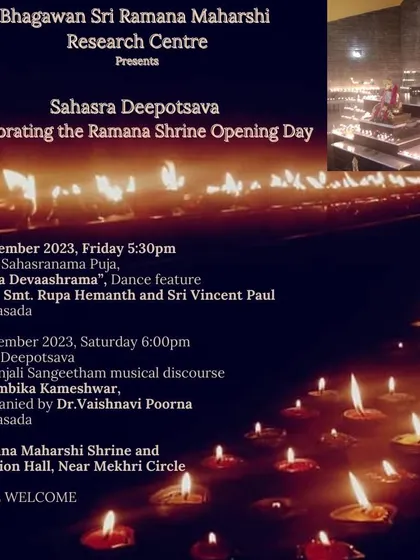 The full schedule for our Gnananjali Festival, combining a 'Ramana Devaashrama' dance feature on the first day with a Sahasra Deepotsava and musical discourse on the second.