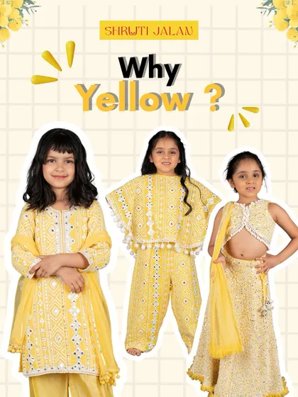Why yellow? Because it’s the color of happiness. Here are three of my favorite yellow designs for girls: a mirror-work sharara, a pom-pom cape set, and a sparkling lehenga, all perfect for festive celebrations.