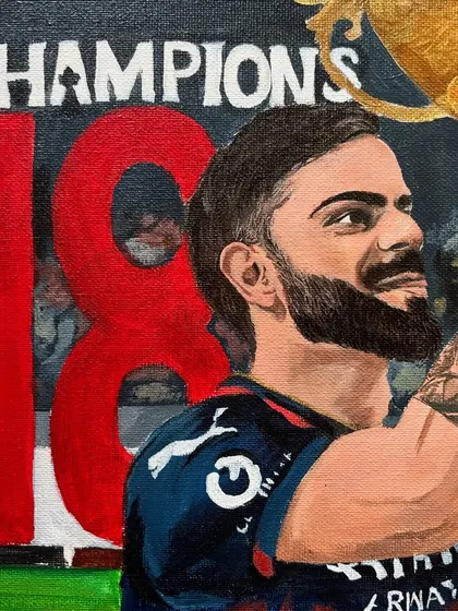 A close-up of the Virat Kohli painting, focusing on his determined expression as he lifts the championship trophy.