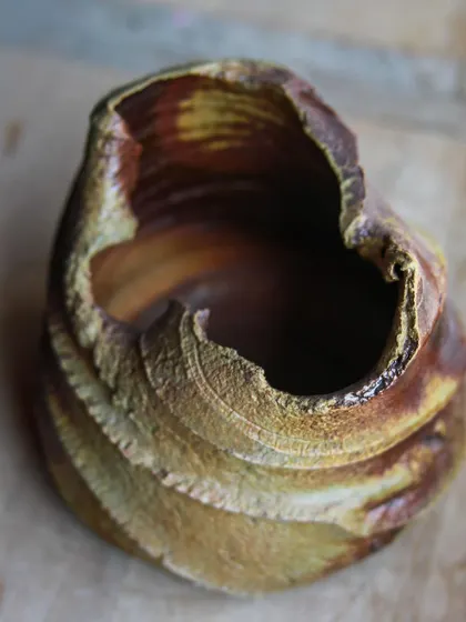 A different perspective on the wood-fired piece, showcasing its organic form and the rich, varied tones created by the kiln's atmosphere. It feels ancient and modern at the same time.