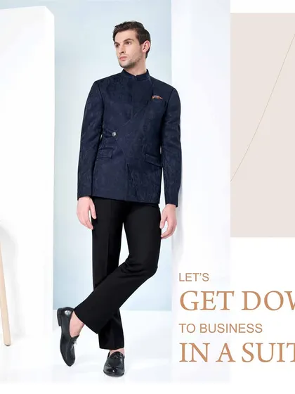 Let's get down to business in a suit that blends tradition with boardroom authority. This dark blue patterned Jodhpuri offers a unique take on formal business attire.