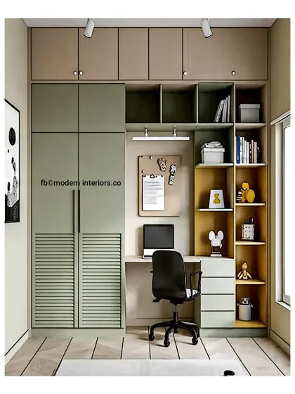 A beautifully crafted bedroom design with an integrated study nook. The combination of green, beige, and yellow creates a calm and cheerful space for both rest and work.