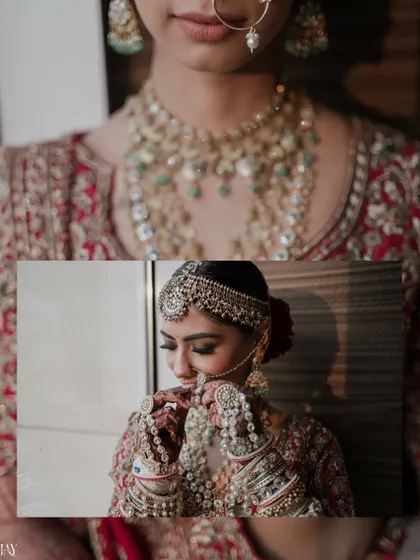 A creative composition focusing on the bride's jewelry and her happy expression.
