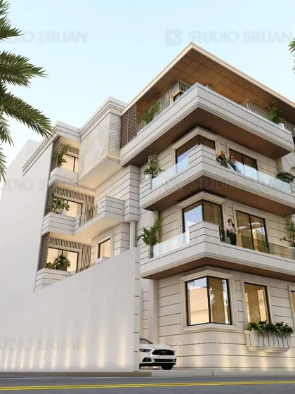 Another perspective of the Kirti Nagar residence, highlighting the fine detailing on the facade and the interplay of light and shadow.