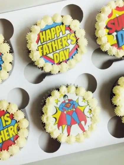 A top-down view of the "Super Dad" cupcakes, showing the vibrant colors and fun designs that make this a popular choice for Father's Day.
