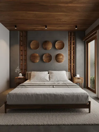 A frontal view of the bed, showcasing the symmetry of the design with bedside tables and shelving on either side.