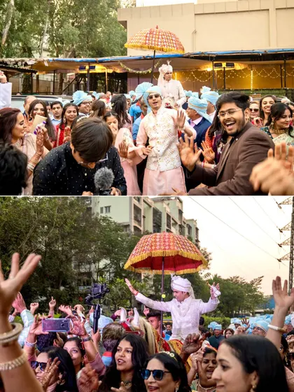 The groom's baraat is in full swing, with friends and family dancing with abandon. I manage the procession to ensure it's both fun and organized.