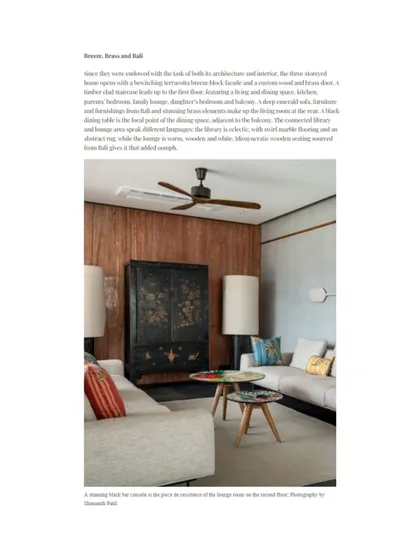 The Elle Decor article describing the eclectic and layered design of the lounge area in the Kamala Residence.