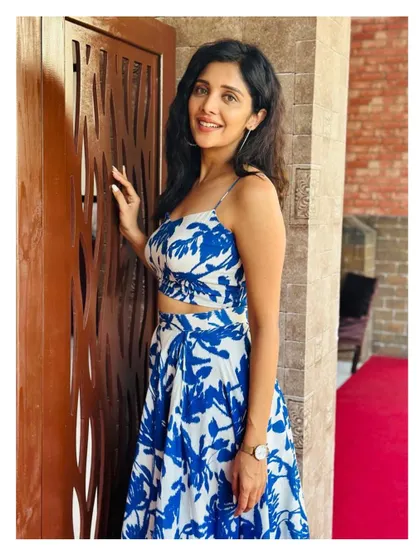 Milana Nagaraj looking lovely in our blue and white floral co-ord set for the "Love Birds" movie promotions.