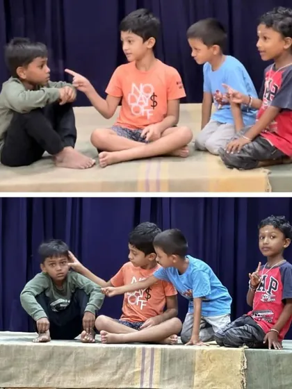 A duplicate of Image 16, this two-panel photo shows a scene from a children's play. It demonstrates how we use theatre to teach communication and collaborative storytelling.