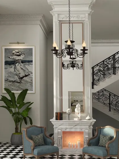 A cozy yet formal seating area by the fireplace, framed by a grand staircase. This composition shows how I create intimate moments within larger, open spaces, using classic furniture and a striking checkerboard floor to define the area.