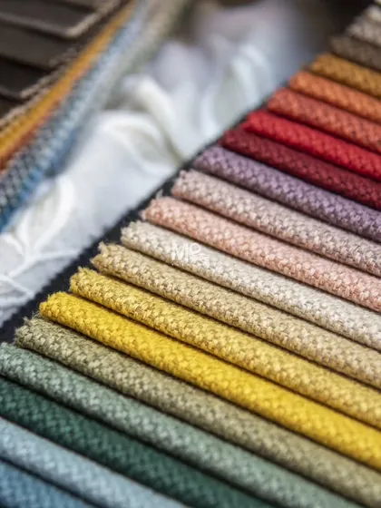 A close-up of our fabric swatches, showing the rich textures and colors available. We believe the right fabric combination adds depth and character, and we guide you through selecting the perfect one for your home.