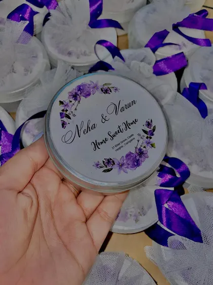 These tin candles were customized for Neha and Varun's housewarming, but the lavender theme is also perfect for a spring or summer wedding favor.