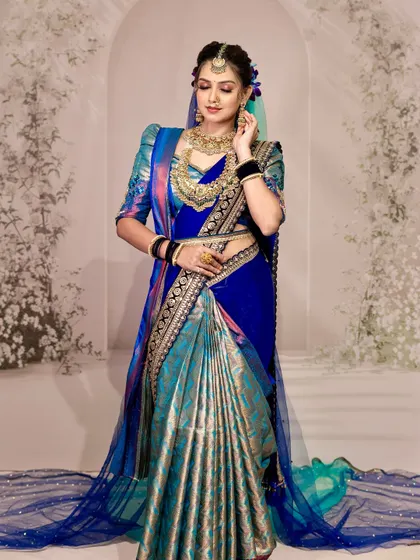 The full view of the peacock-inspired drape, with the double-layered pallu and sheer veil creating a stunning visual effect.