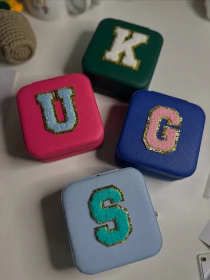A close-up of my personalized jewelry boxes. They come in multiple colors and are perfect for gifting on Rakshabandhan, Friendship Day, or as wedding favors.