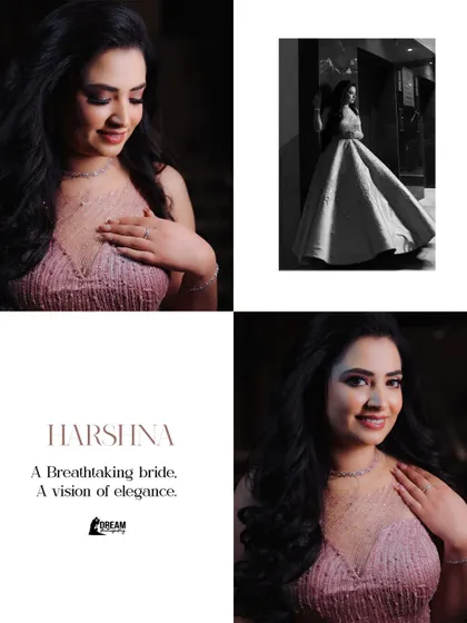 A collage of bride Harshna, showcasing her elegant poses and beautiful gown from her Sagan.