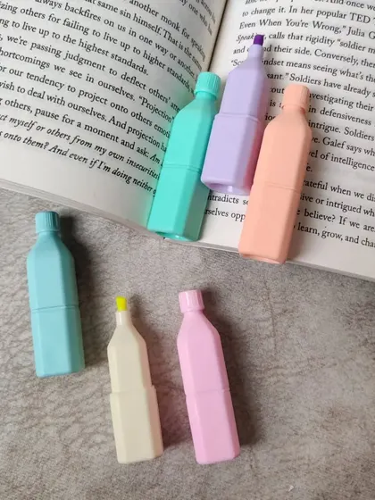 Bottle-shaped pastel highlighters are a fun and unique tool for studying or journaling. This set includes six different soft colors.