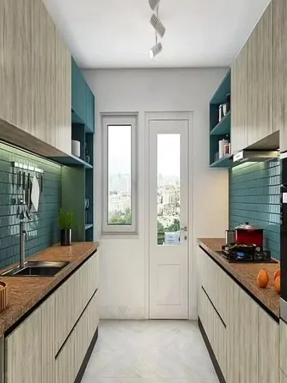 A repeat of image 39, showing the galley kitchen with wood and teal finishes.