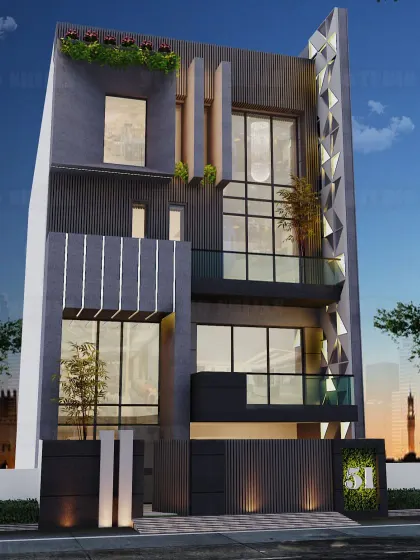 A modern residential exterior in Pitampura, New Delhi. This design for a 248 sq. yard plot features a dark, dramatic color palette and a unique geometric pattern on the side wall.