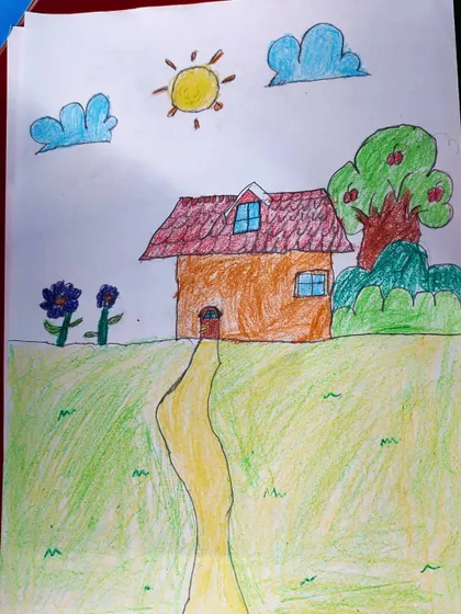A lovely landscape drawing of a house with a garden path, a tree, and flowers under a sunny sky.
