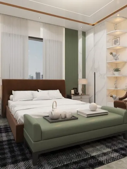 This bedroom render features a bold green accent wall, a marble-patterned wall, and built-in corner shelving, creating a luxurious and personalized space.