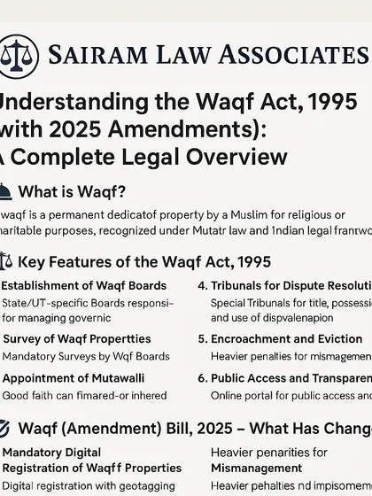 This infographic provides a legal overview of the Waqf Act, which governs properties dedicated for religious or charitable purposes. I offer specialized legal services for the administration, dispute resolution, and protection of Waqf properties.