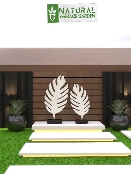 A minimalist 3D concept for a terrace background. The design features a simple wooden wall with a raised platform, perfect for placing sculptures or other decorative elements.