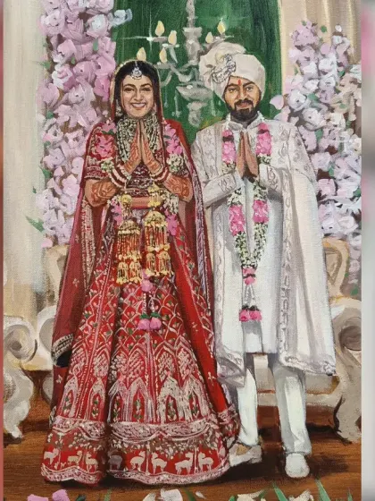 Another angle of the finished painting, showing the couple in their beautiful red and white wedding attire.