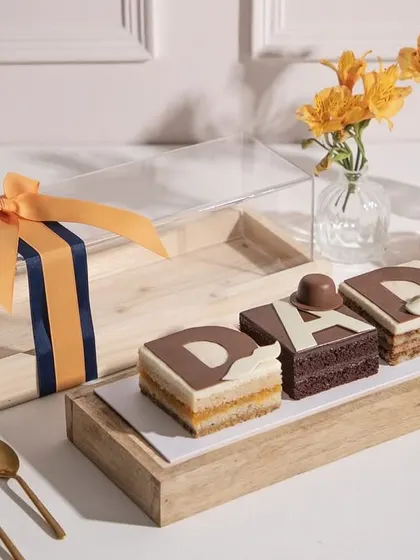 The complete Father's Day gift set, with our "DAD" cakes elegantly packaged and ready to be gifted.