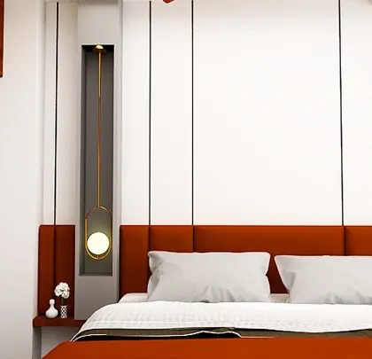 A 3D render of a master bedroom with a bold orange headboard and unique hanging lights. The design is modern, vibrant, and full of personality.