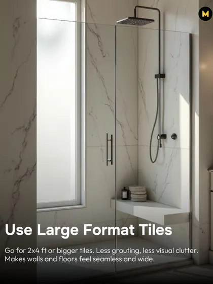 Using large format tiles, like 2x4 ft or bigger, is a great trick for small bathrooms. With less grouting, there is less visual clutter, making walls and floors feel seamless and wide.