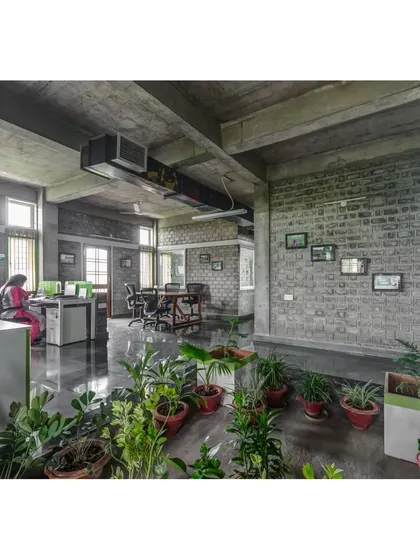 A duplicate of image 70, showing the plant-filled office interior.
