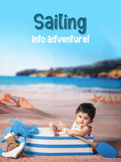 Sailing into adventure! This "Beach Baby" theme features a little one in a cute boat prop, ready to set sail on the sandy shores of our studio.