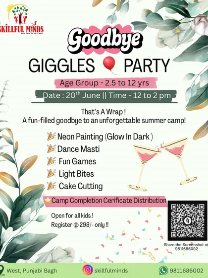 My poster for a 'Goodbye Giggles Party' to celebrate the end of a summer camp. The event featured glow-in-the-dark neon painting, games, and a certificate ceremony.