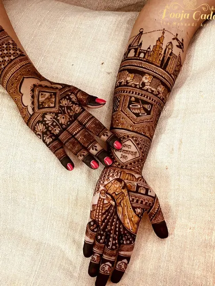 A customized design for an NRI bride from Dubai, featuring the Dubai and Mumbai skylines, a ghunghat bride portrait, and other personal elements.