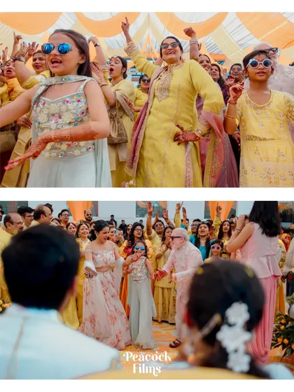 The dance floor is for everyone! This collage captures the infectious energy of the guests, young and old, dancing their hearts out at the Haldi celebration.