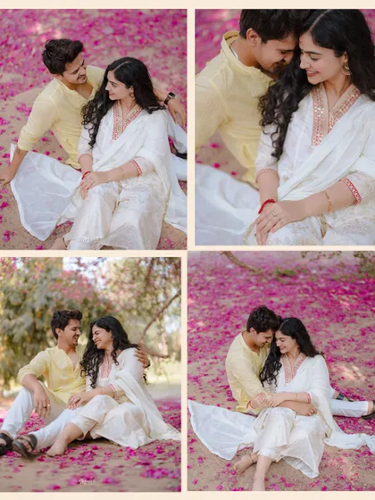 A collage of candid moments amidst a carpet of pink petals. Their pre-wedding session was filled with laughter and natural interactions, reflecting their easygoing love.