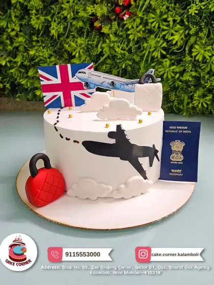 A travel-themed cake for someone heading to the UK. Featuring a passport, airplane, and the Union Jack flag, it's the perfect send-off treat.